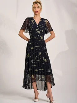 Chiffon Floaty Sleeved Midaxi Dress, Navy Abstract