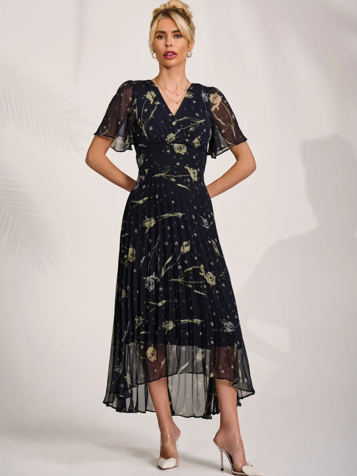 Chiffon Floaty Sleeved Midaxi Dress, Navy Abstract