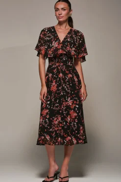 Chiffon Floral Print Pleated Midaxi Dress, Black Red Floral