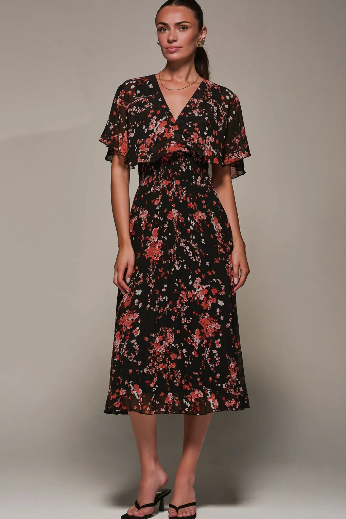 Chiffon Floral Print Pleated Midaxi Dress, Black Red Floral