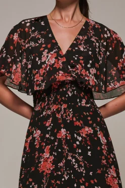 Chiffon Floral Print Pleated Midaxi Dress, Black Red Floral
