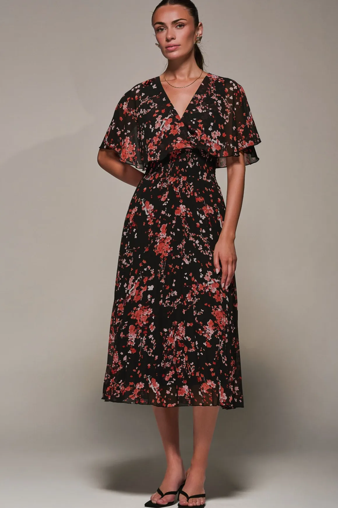 Chiffon Floral Print Pleated Midaxi Dress, Black Red Floral