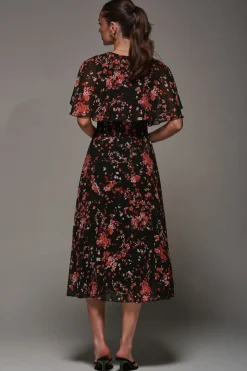 Chiffon Floral Print Pleated Midaxi Dress, Black Red Floral
