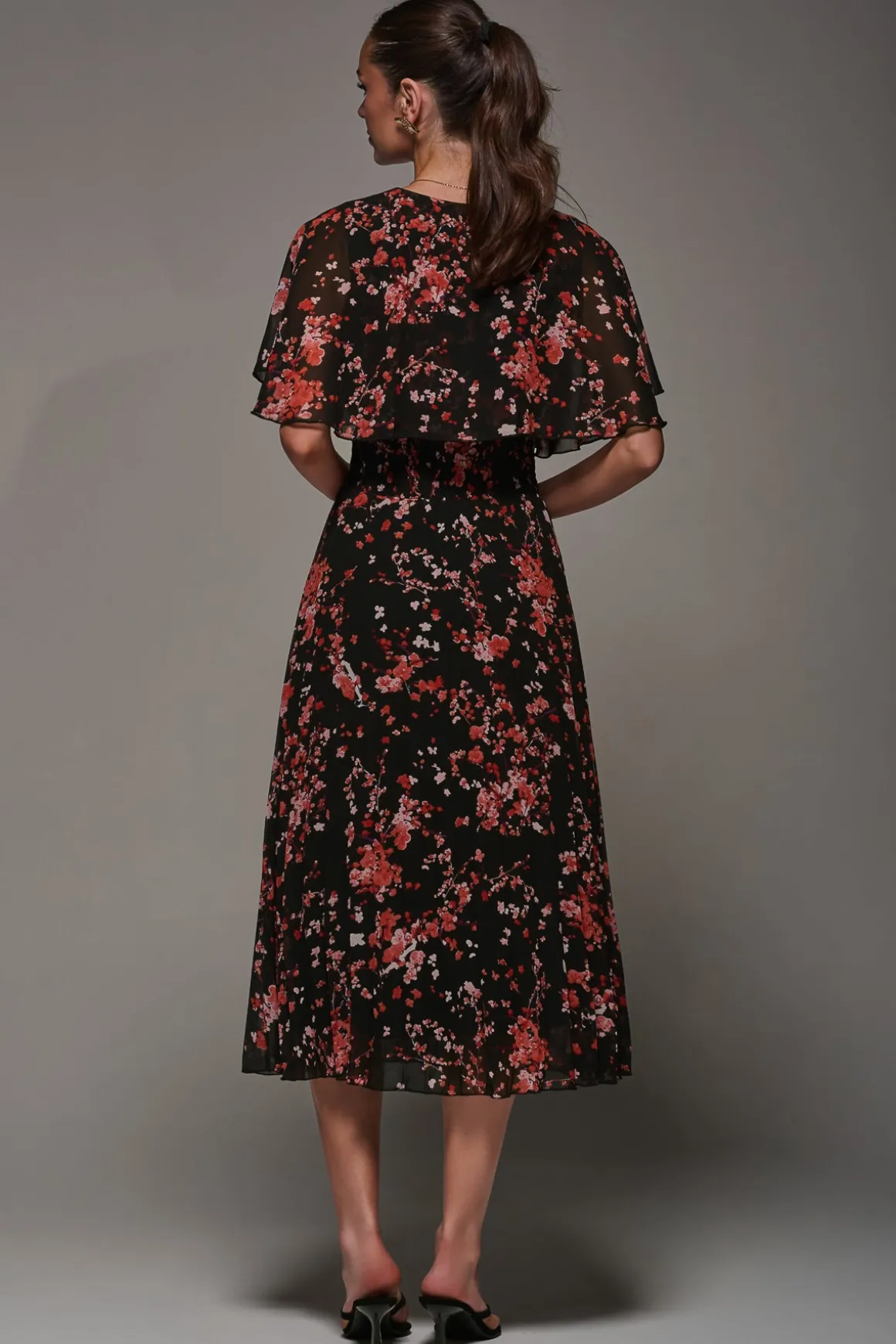 Chiffon Floral Print Pleated Midaxi Dress, Black Red Floral