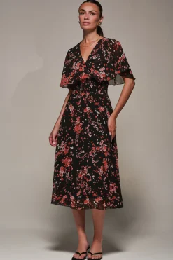 Chiffon Floral Print Pleated Midaxi Dress, Black Red Floral