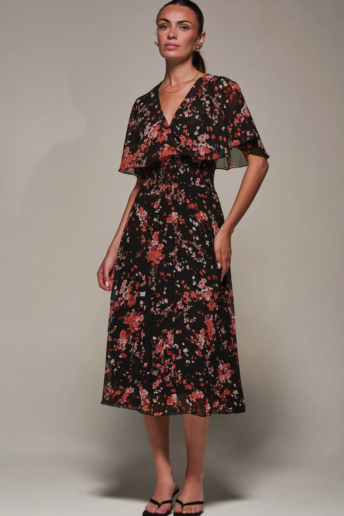 Chiffon Floral Print Pleated Midaxi Dress, Black Red Floral