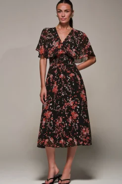 Chiffon Floral Print Pleated Midaxi Dress, Black Red Floral