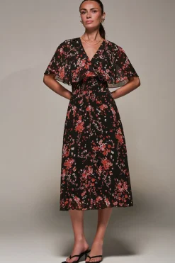 Chiffon Floral Print Pleated Midaxi Dress, Black Red Floral