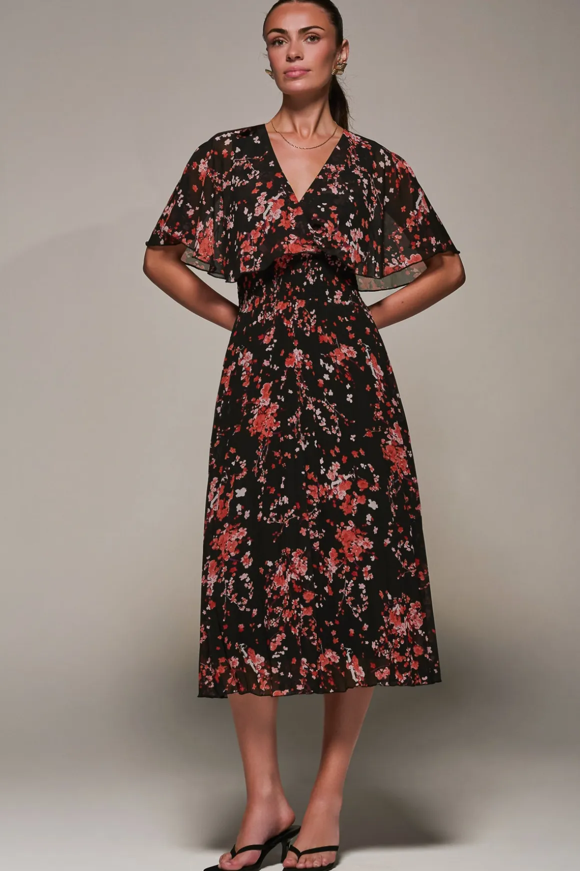 Chiffon Floral Print Pleated Midaxi Dress, Black Red Floral