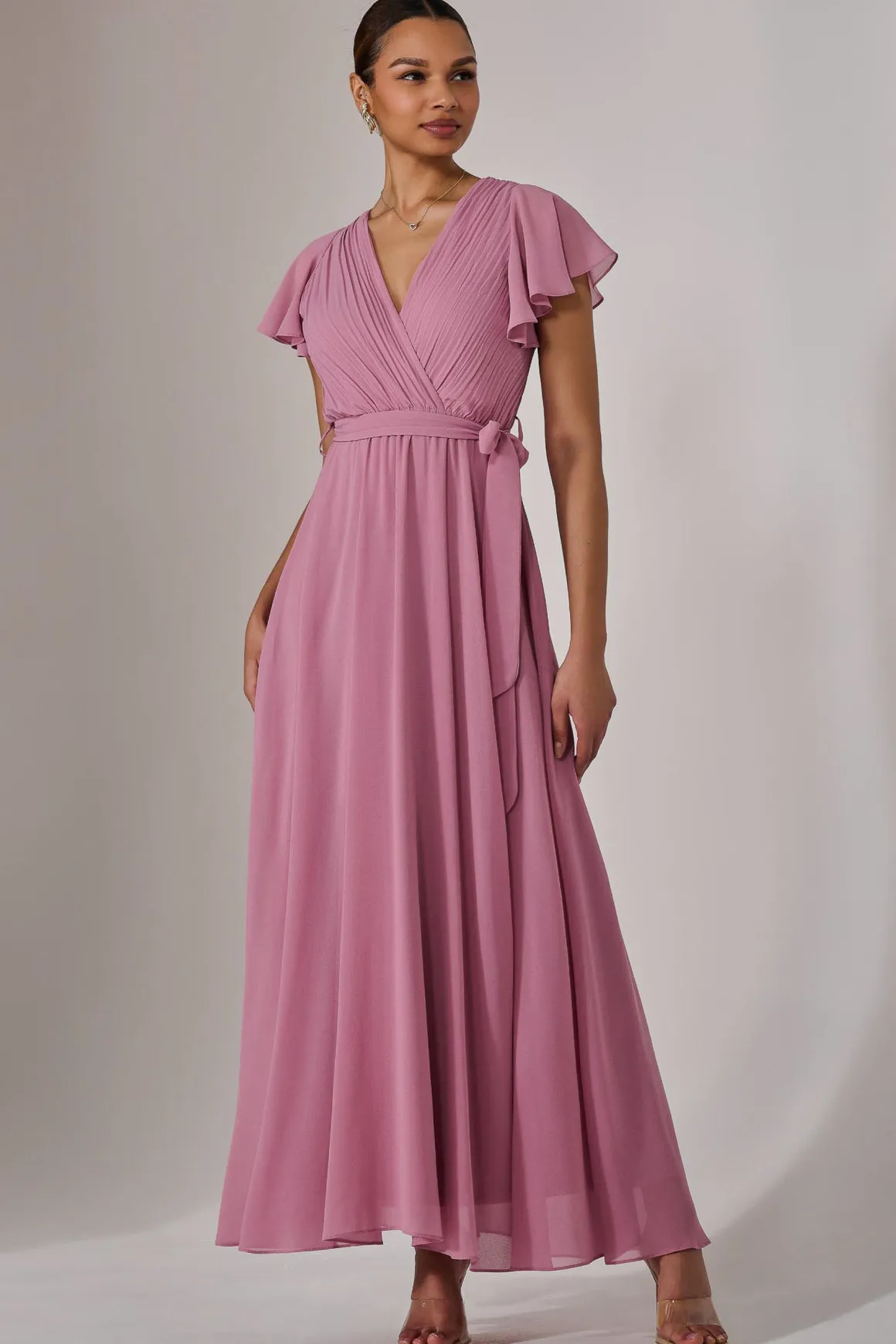 Chiffon Flutter Sleeve Maxi Dress, Dusty Pink