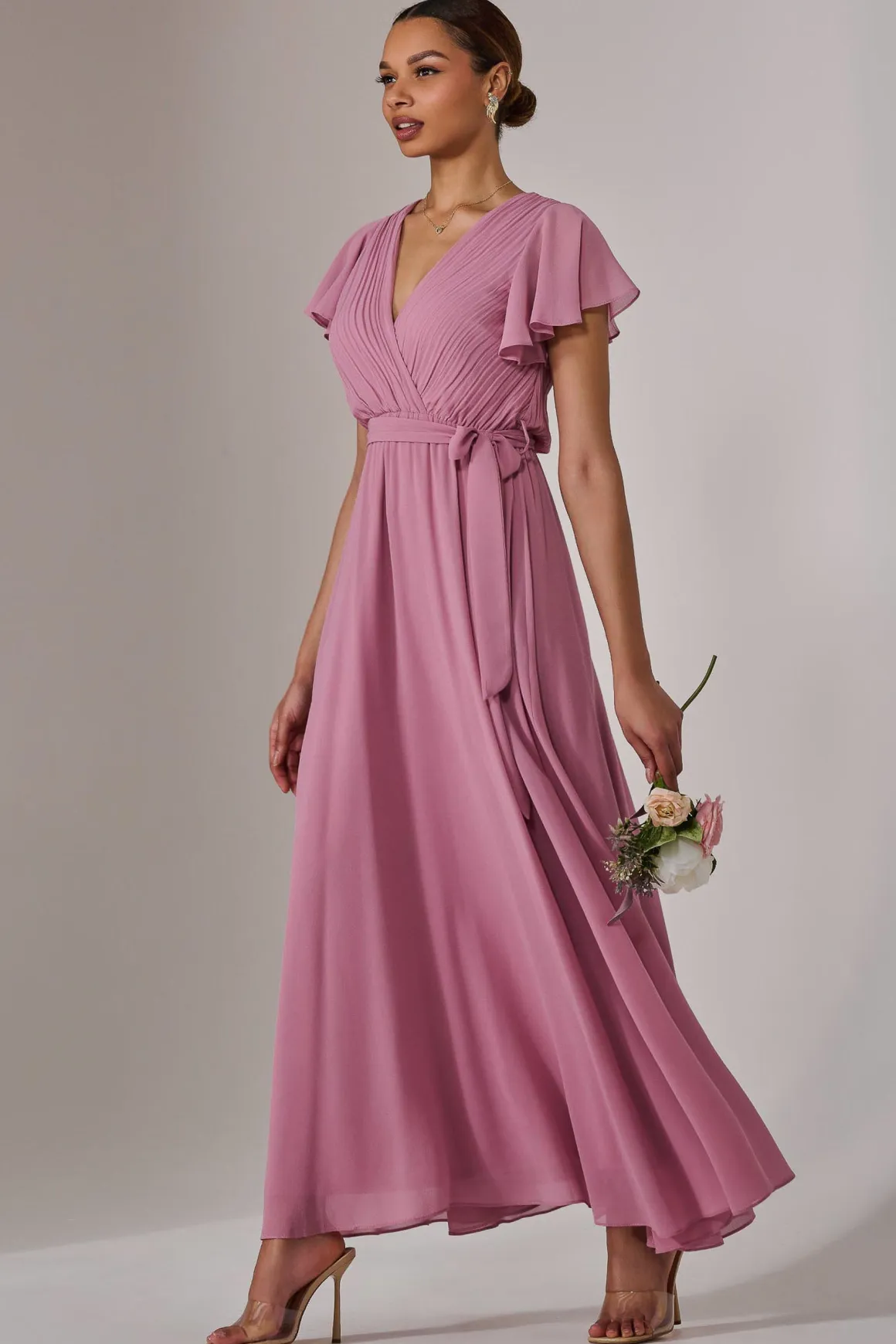 Chiffon Flutter Sleeve Maxi Dress, Dusty Pink