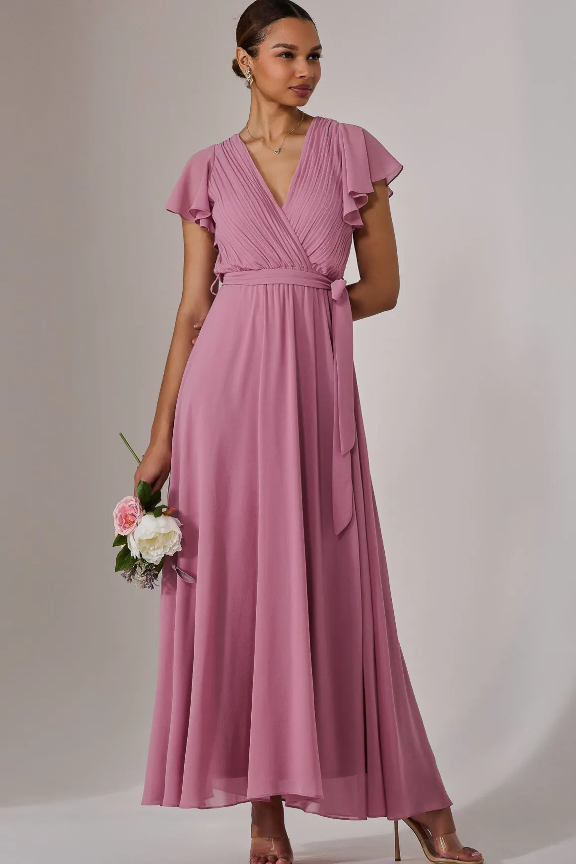 Chiffon Flutter Sleeve Maxi Dress, Dusty Pink