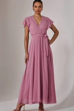 Chiffon Flutter Sleeve Maxi Dress, Dusty Pink