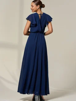 Chiffon Flutter Sleeve Maxi Dress, Navy