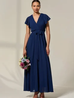 Chiffon Flutter Sleeve Maxi Dress, Navy