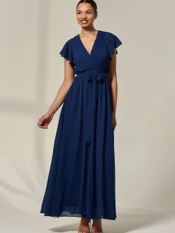 Chiffon Flutter Sleeve Maxi Dress, Navy