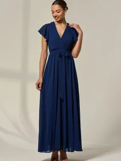 Chiffon Flutter Sleeve Maxi Dress, Navy