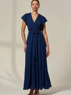 Chiffon Flutter Sleeve Maxi Dress, Navy