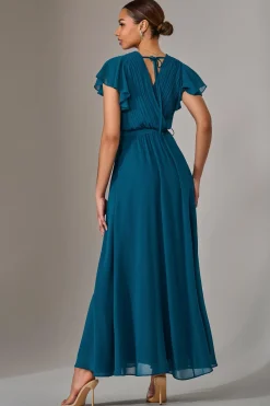 Chiffon Flutter Sleeve Maxi Dress, Teal