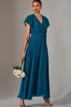Chiffon Flutter Sleeve Maxi Dress, Teal