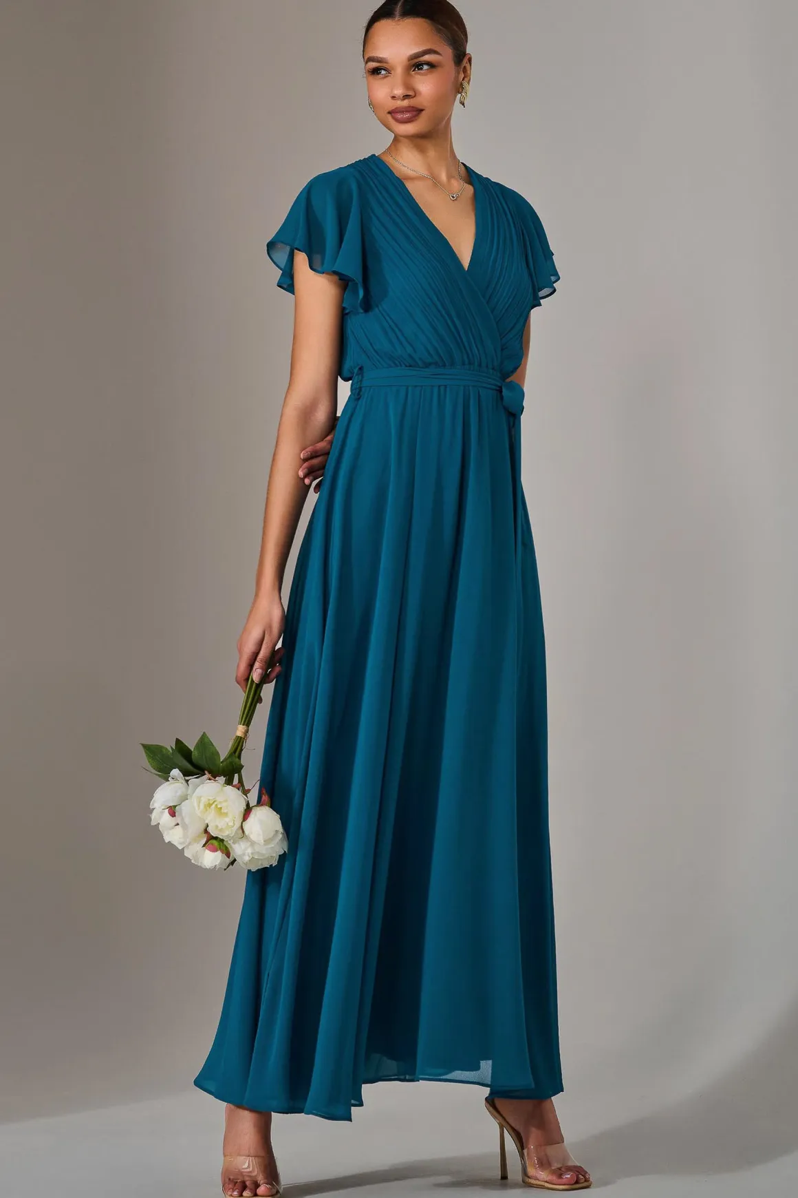 Chiffon Flutter Sleeve Maxi Dress, Teal