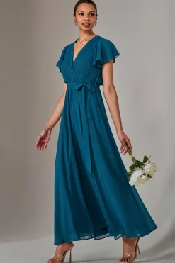 Chiffon Flutter Sleeve Maxi Dress, Teal