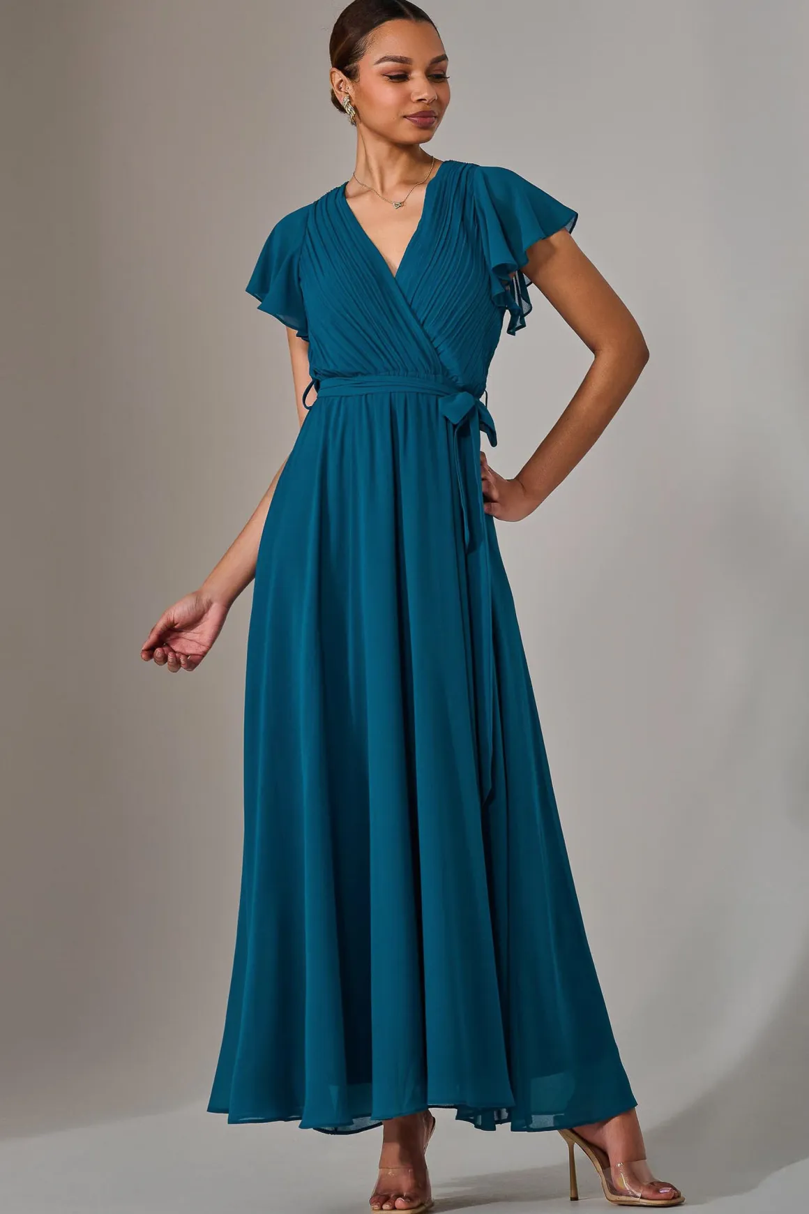 Chiffon Flutter Sleeve Maxi Dress, Teal