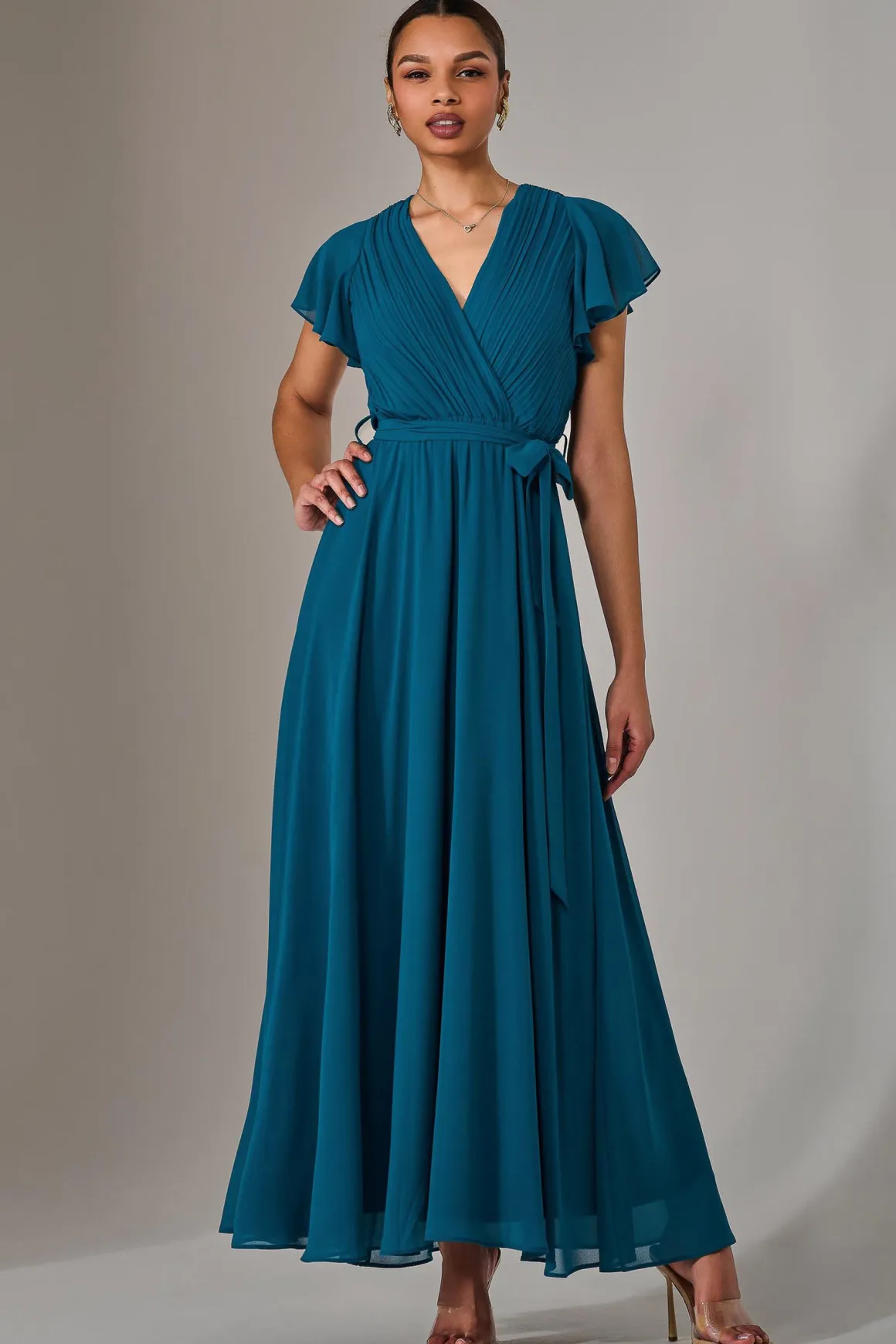 Chiffon Flutter Sleeve Maxi Dress, Teal