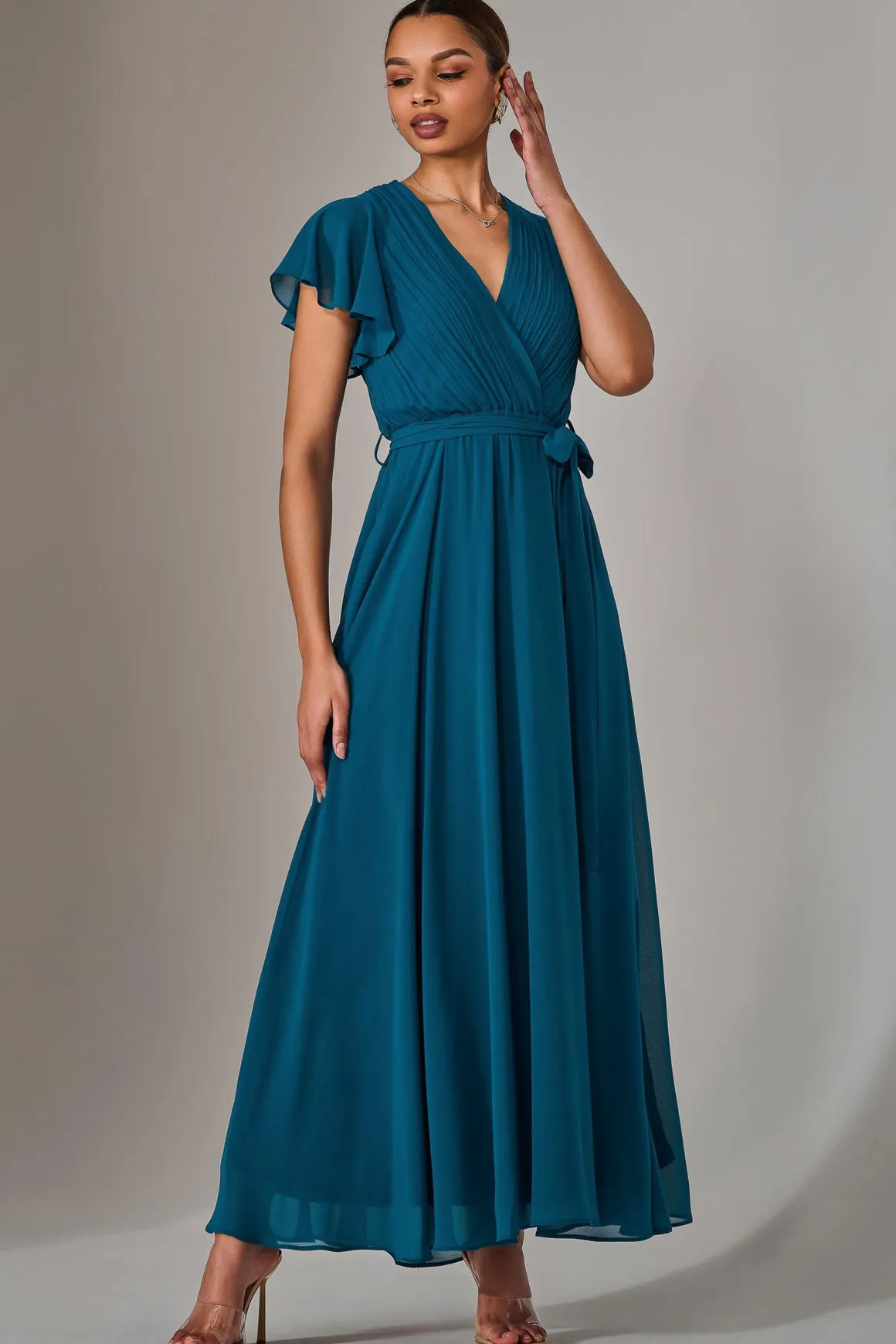 Chiffon Flutter Sleeve Maxi Dress, Teal