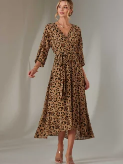 Chiffon Gold Spot Patterned Midaxi Dress, Brown Leopard