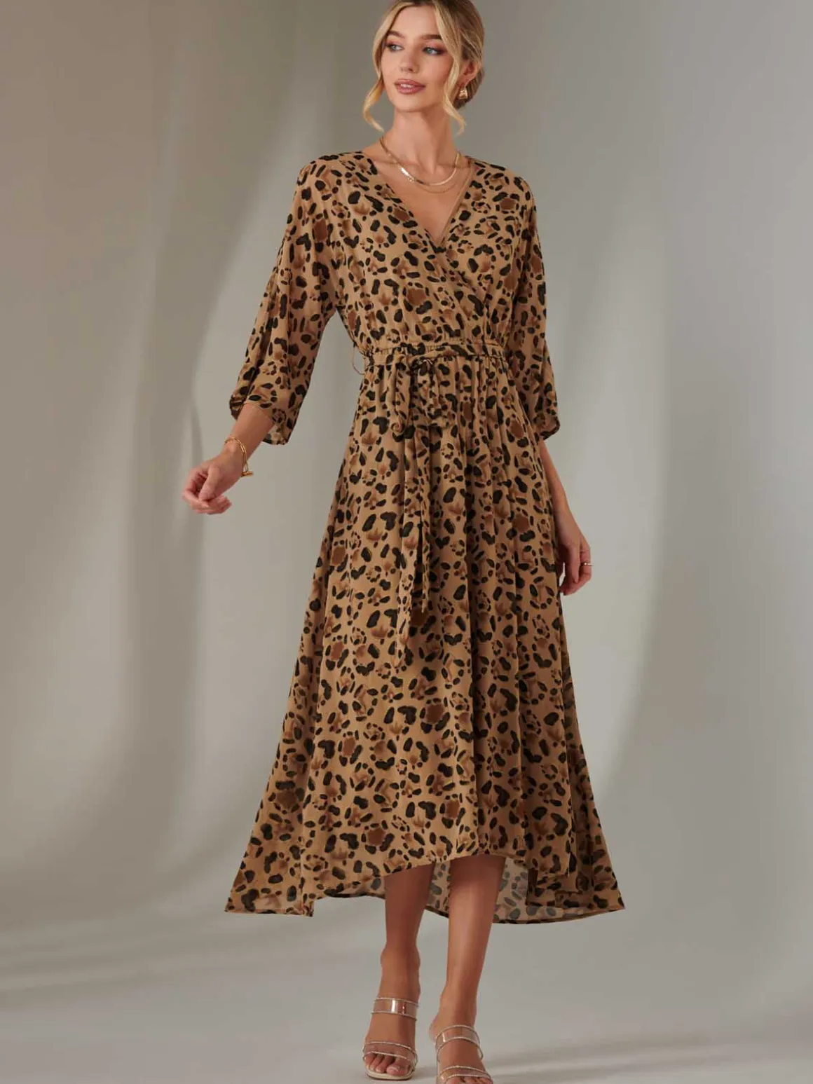 Chiffon Gold Spot Patterned Midaxi Dress, Brown Leopard