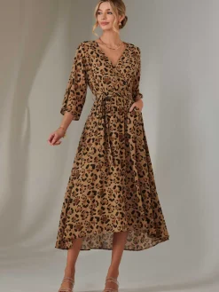 Chiffon Gold Spot Patterned Midaxi Dress, Brown Leopard