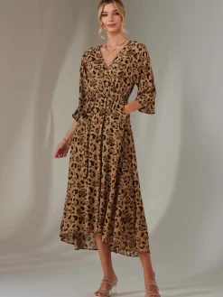 Chiffon Gold Spot Patterned Midaxi Dress, Brown Leopard