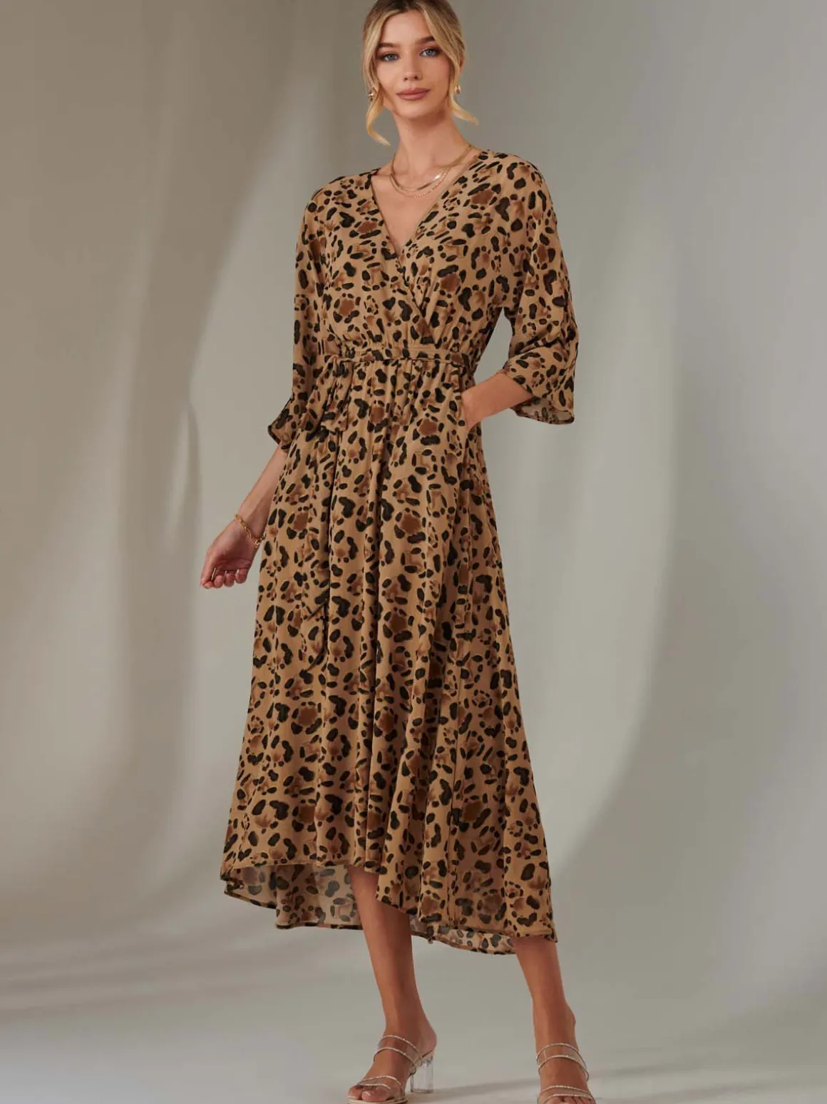 Chiffon Gold Spot Patterned Midaxi Dress, Brown Leopard