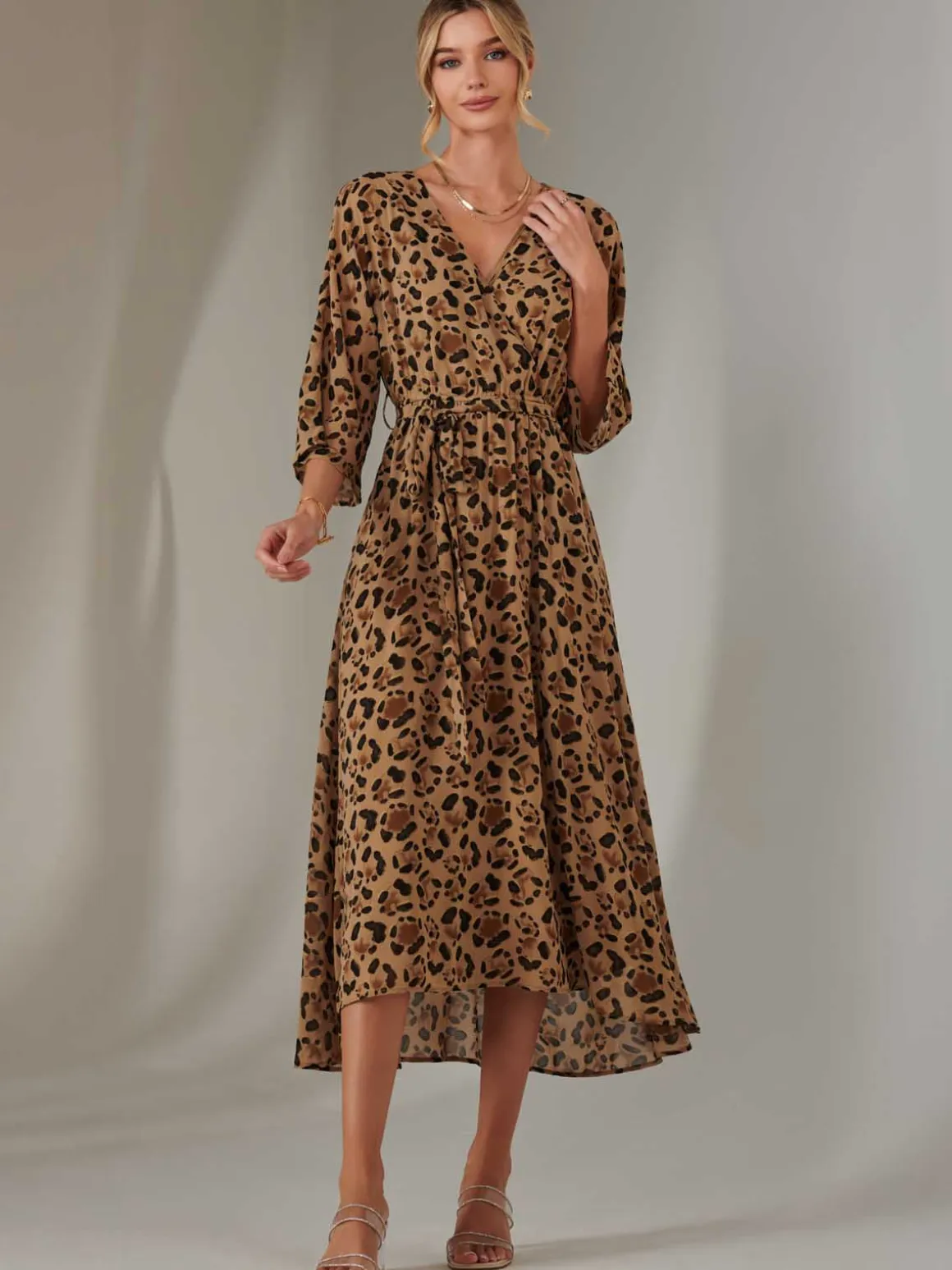Chiffon Gold Spot Patterned Midaxi Dress, Brown Leopard