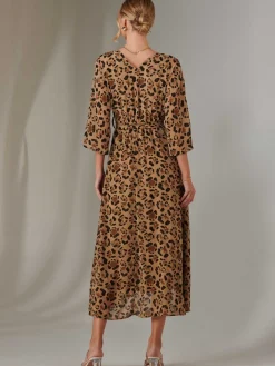 Chiffon Gold Spot Patterned Midaxi Dress, Brown Leopard