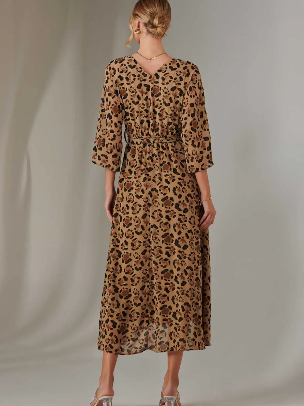 Chiffon Gold Spot Patterned Midaxi Dress, Brown Leopard