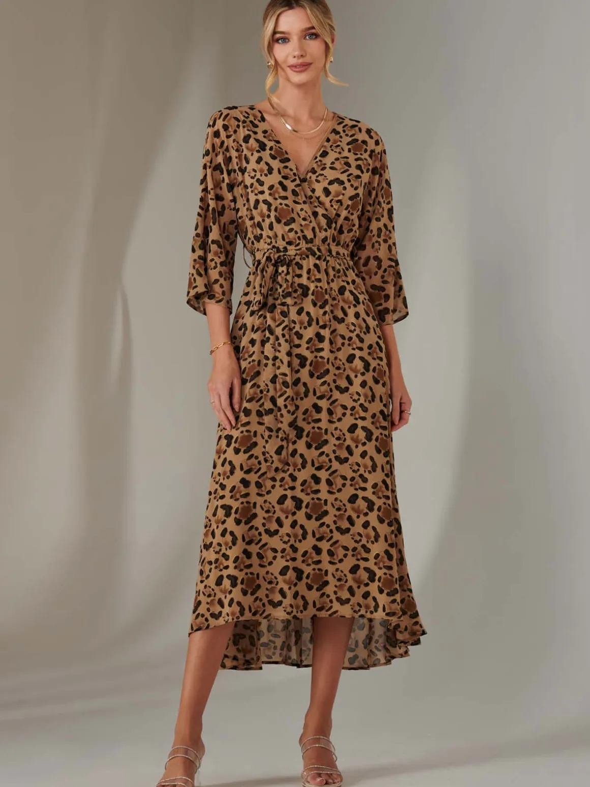 Chiffon Gold Spot Patterned Midaxi Dress, Brown Leopard