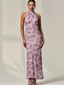 Chiffon Halter Neck Maxi Dress, Red Floral
