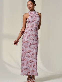 Chiffon Halter Neck Maxi Dress, Red Floral