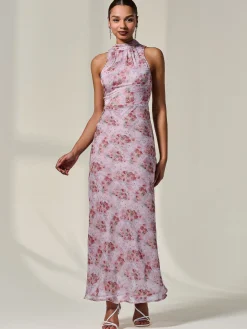 Chiffon Halter Neck Maxi Dress, Red Floral