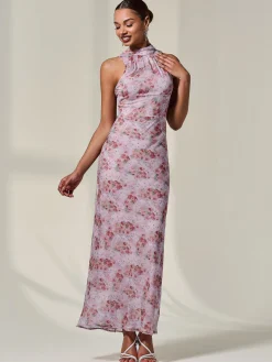 Chiffon Halter Neck Maxi Dress, Red Floral
