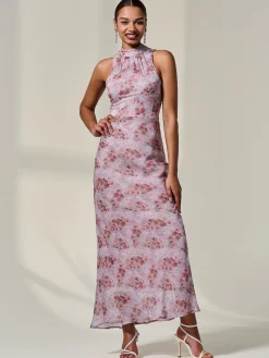 Chiffon Halter Neck Maxi Dress, Red Floral