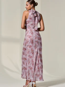 Chiffon Halter Neck Maxi Dress, Red Floral