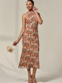 Chiffon Halterneck Printed Midaxi Dress, Beige Floral