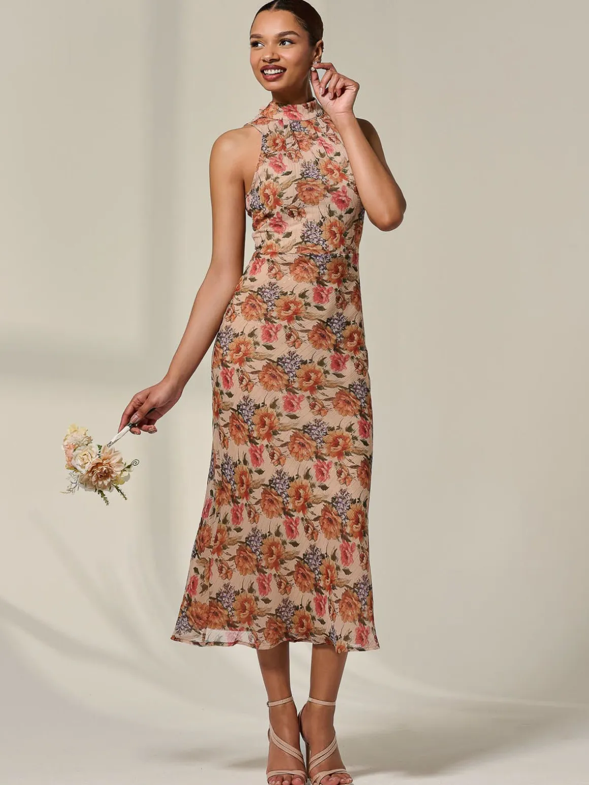 Chiffon Halterneck Printed Midaxi Dress, Beige Floral