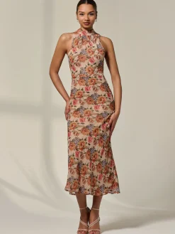 Chiffon Halterneck Printed Midaxi Dress, Beige Floral