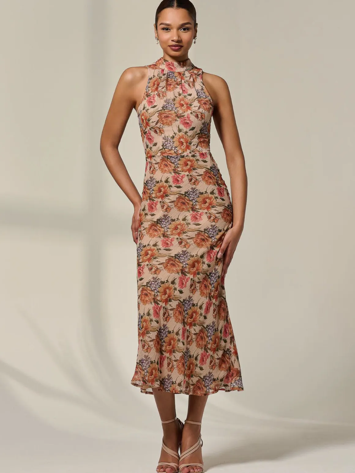 Chiffon Halterneck Printed Midaxi Dress, Beige Floral
