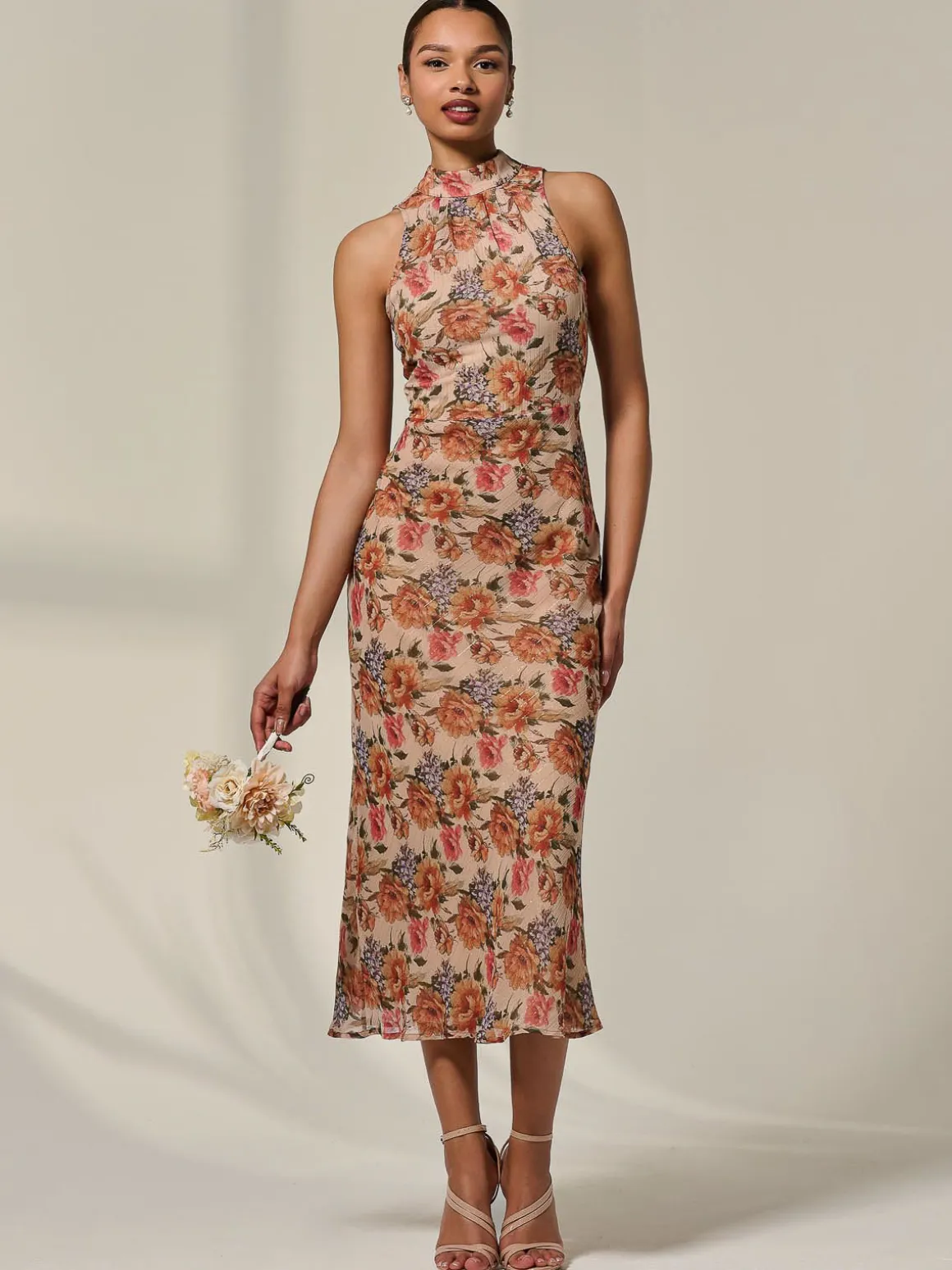 Chiffon Halterneck Printed Midaxi Dress, Beige Floral