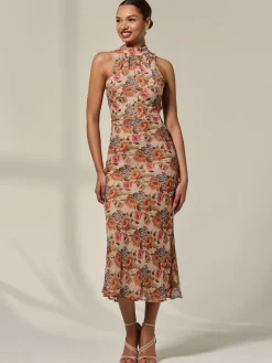 Chiffon Halterneck Printed Midaxi Dress, Beige Floral